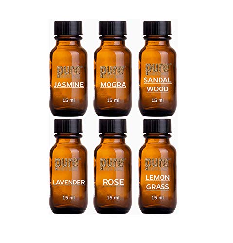 Pure Source India Aroma Diffuser Oil (Lavender, Lemongrass, Rose, Jasmine, Sandalwood and Mogra), 15ml Each, Multicolour - Set of 6 Perfumes